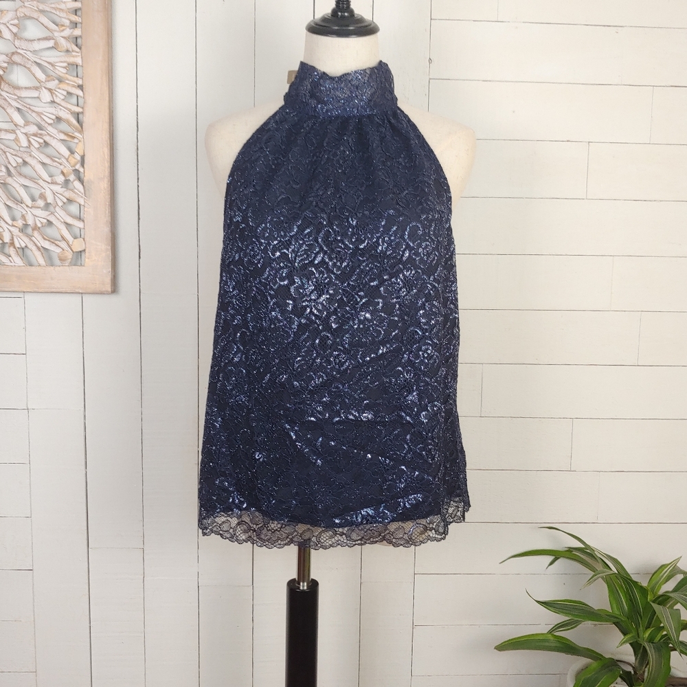 JCREW Navy Metallic Lace Tie-Neck Top Size XS